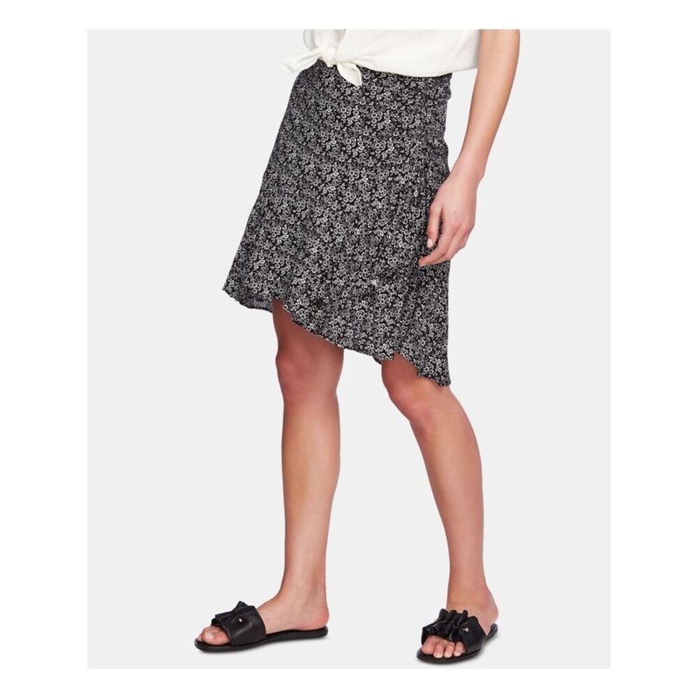 1. STATE Womens Black Ruched Floral Knee Length Hi-Lo Skirt Size: 10